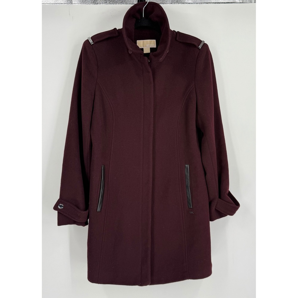Michael Kors Womens Burgundy Wool Blend Funnel Neck Military Coat Medium RN79675